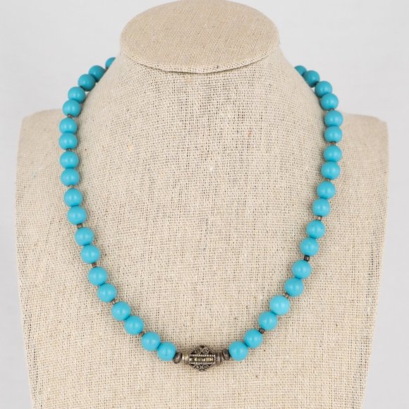 Jewelry - Necklace with Silver & Marcasite Turquoise Colored Beaded Round Tested Southwest